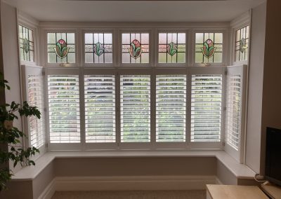 Cafe style window shutters for box bay windows. Plantation shutters supplied and fitted in Newcastle upon Tyne and across the North East by Signature Window Shutters.